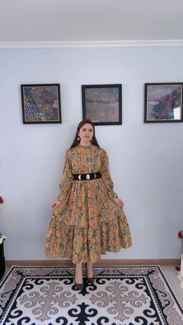 新款HARAKOZDR 原创服装设计优雅印花绿色复古日常民族风格连衣裙