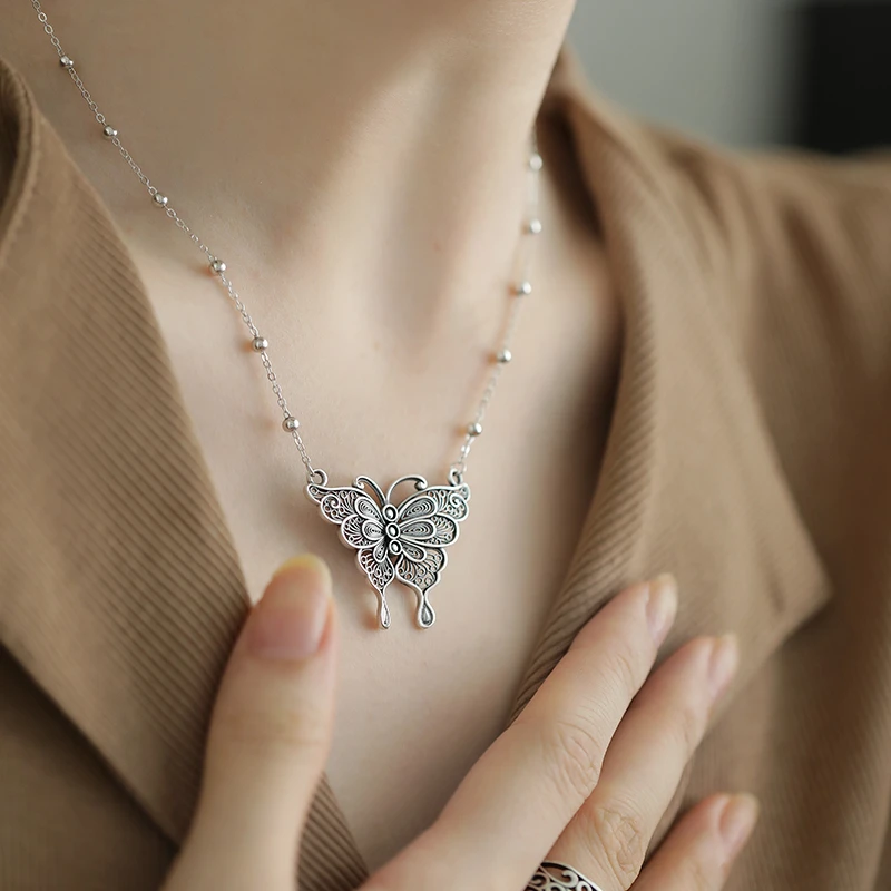 坠链均925银 <一禅兄>S925银花丝镂空蝴蝶银珠项链复古气质