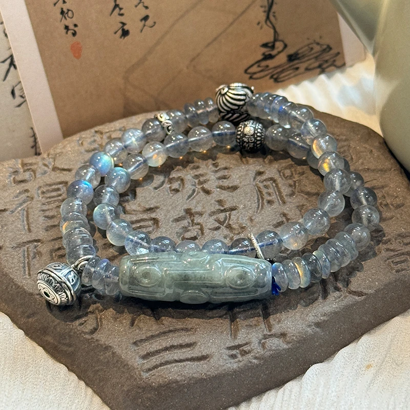 <一禅兄>S925银六字真言大鹏鸟珠翡翠雕刻桶珠灰月光石弹力手串