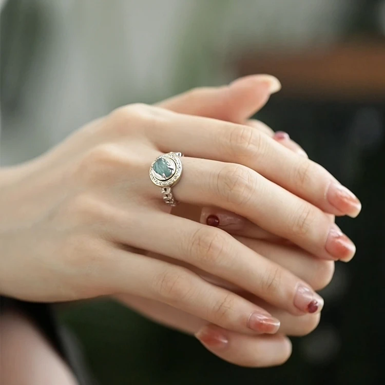 <一禅兄>925银镀白金银分色翡翠貔貅铜钱转动戒指转金