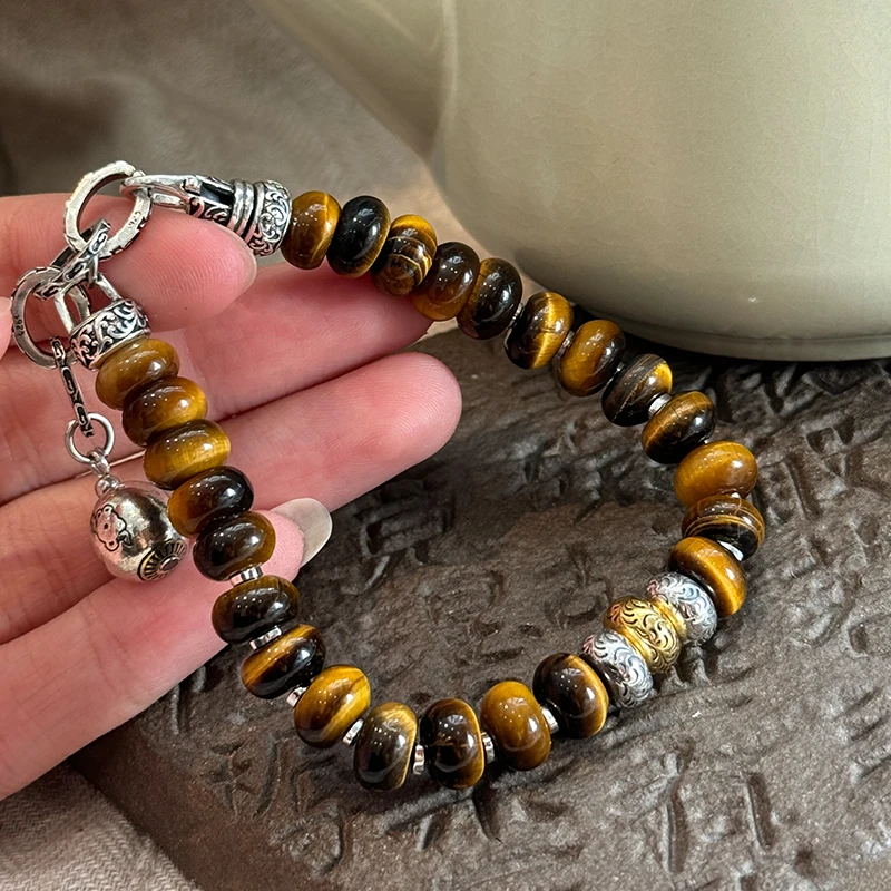 S09382<非晚>S925银高级虎眼石算盘珠金银色隔珠扎基圆珠尾坠手链