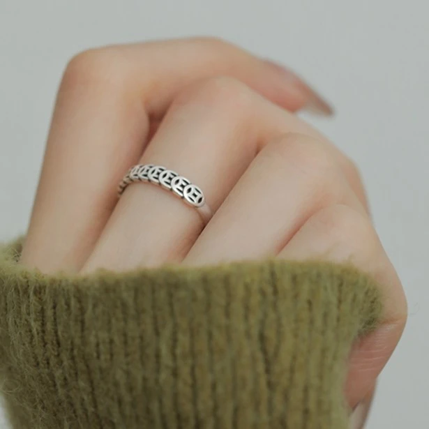 925银戒指 <一禅兄>++复古开口铜钱戒个性时尚尾戒百搭银饰