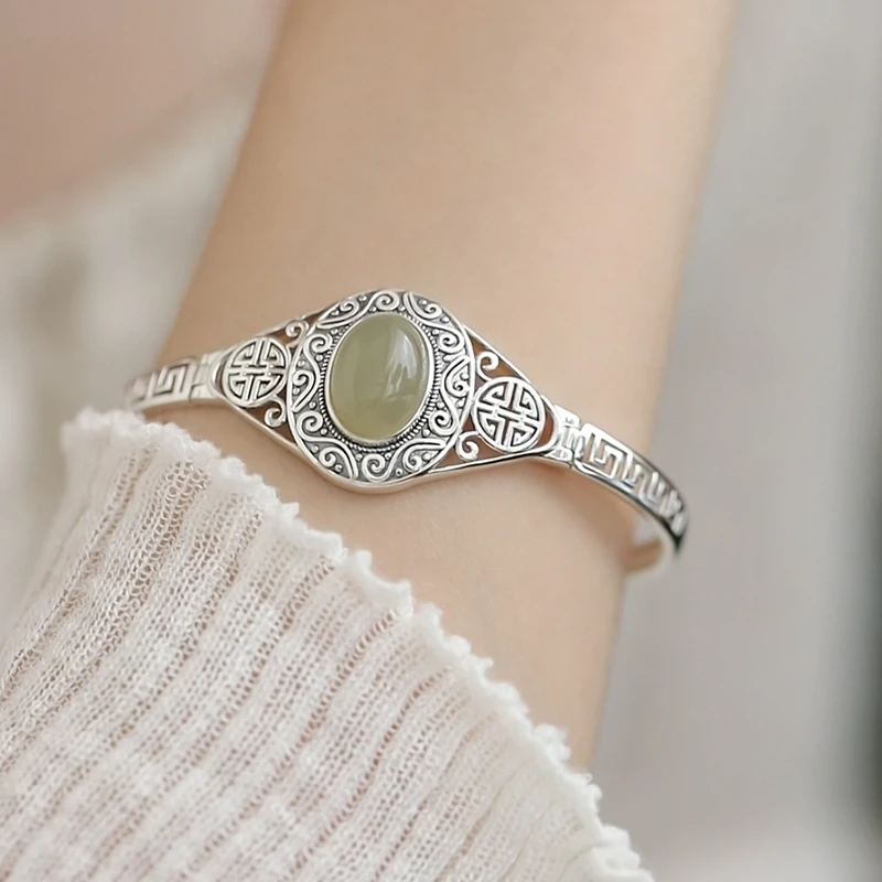 +<一禅兄>S925银和田晴水玉蛋面回纹手链半链半镯复古轻奢百搭女