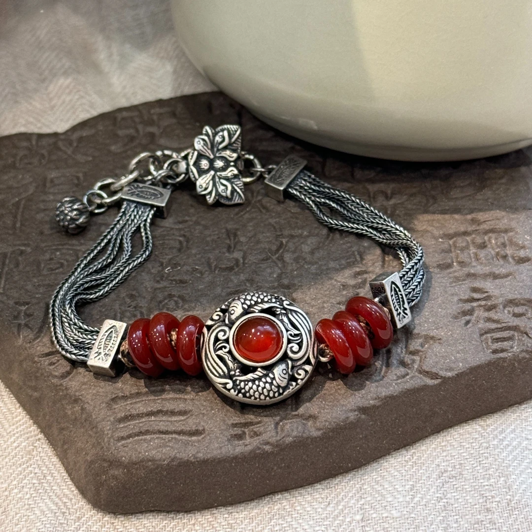 <一禅兄>S925银玛瑙跑环锦鲤银配件麻花链手链复古做旧可调节手环