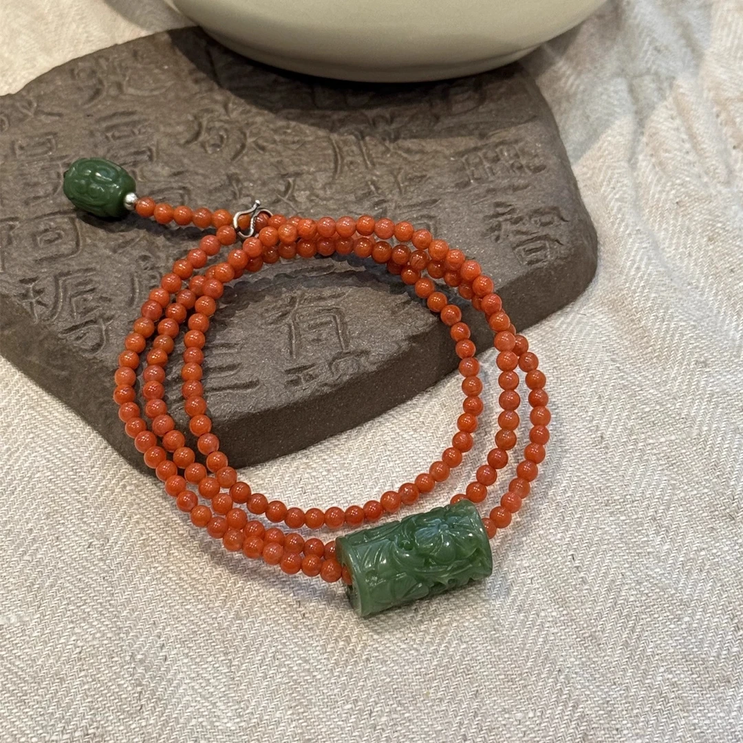 N17633<非晚1>s925银南红圆珠和田碧玉雕花圆柱桶珠碧玉桶珠项链