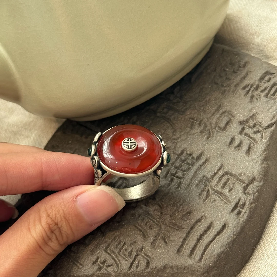 j12722<非晚1>S925银暗红玛瑙平安扣福字浪花戒指女新中式国风