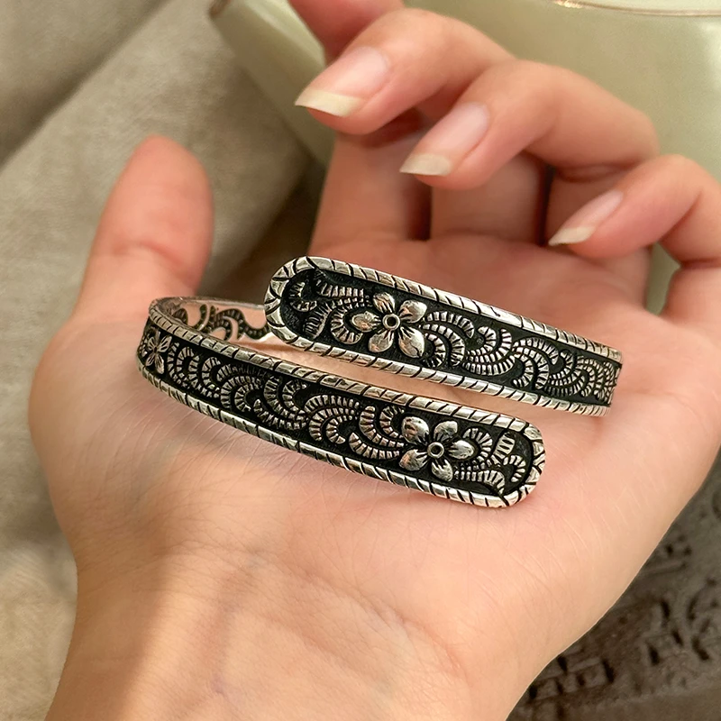 925银手镯 <一禅兄>S925银繁花似锦复古做旧唐草纹叠口手镯民族风