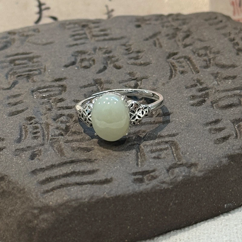 <一禅兄>S925银和田玉蛋面钱币戒指精致时尚可调节