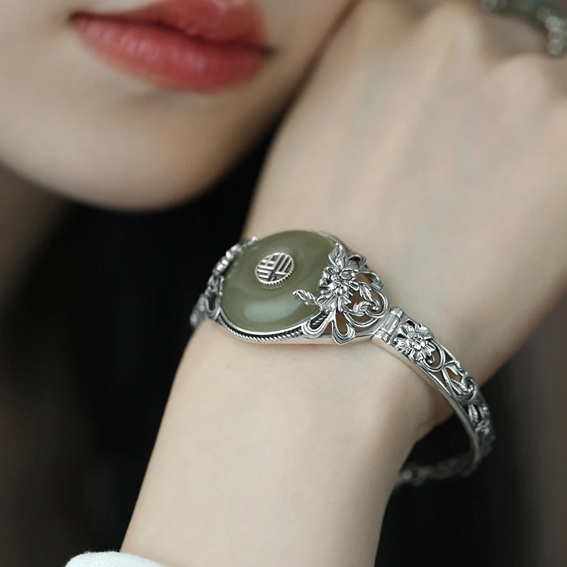 晶贵坊>925银玛瑙复古和田青玉平安扣福字牡丹花半镯深浅不一