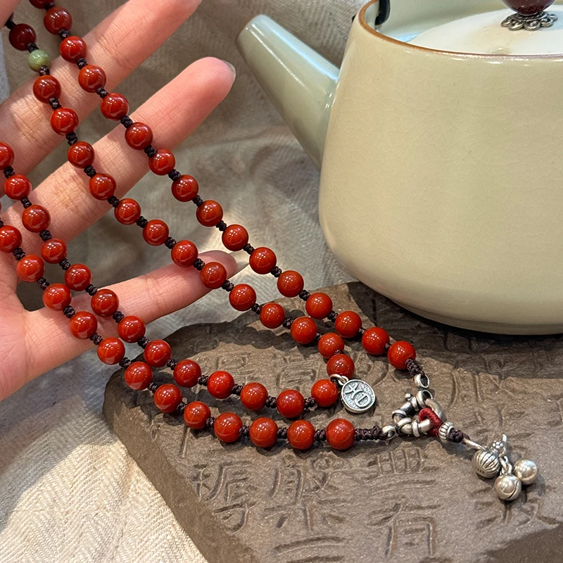 <一禅兄>S925银复古新中式红玛瑙圆珠葫芦铃铛吉字吊牌泳圈扣项链
