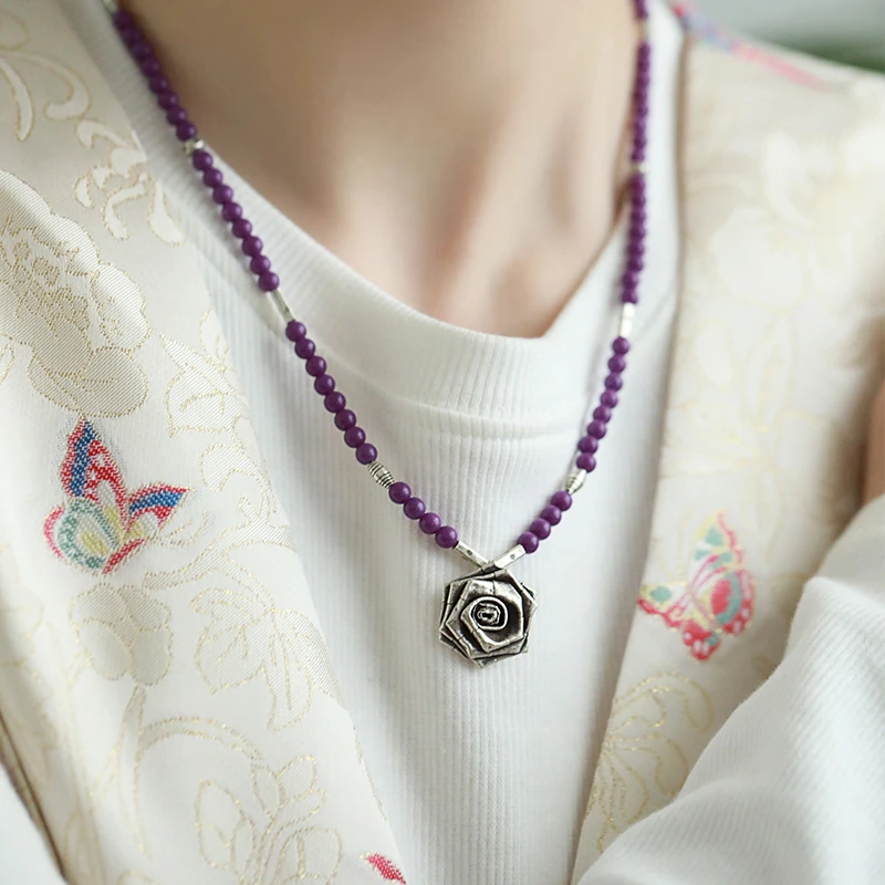 N15532<一禅兄>s925银紫云母复古手工玫瑰花项链民族风气质百搭