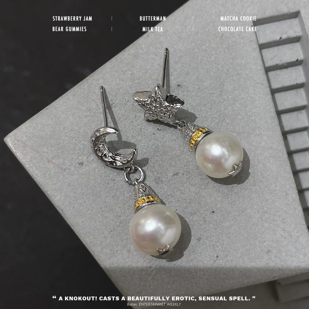 <一禅兄>S925银月亮星星珍珠耳环放羊的星星精致韩范