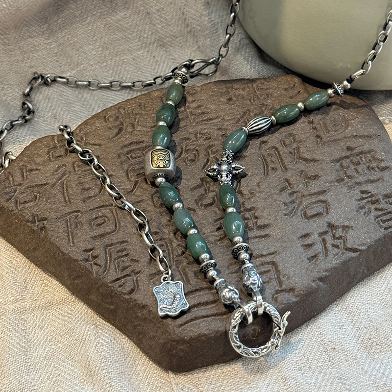 N17313<非晚1>S925银十字杵杵扎基拉姆桶珠翡翠米珠项链民族风