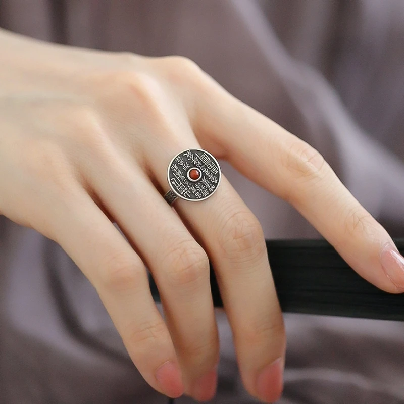 <一禅兄>S925银仿古山鬼花钱卦卦铜钱南红做旧戒指手工复古民族风