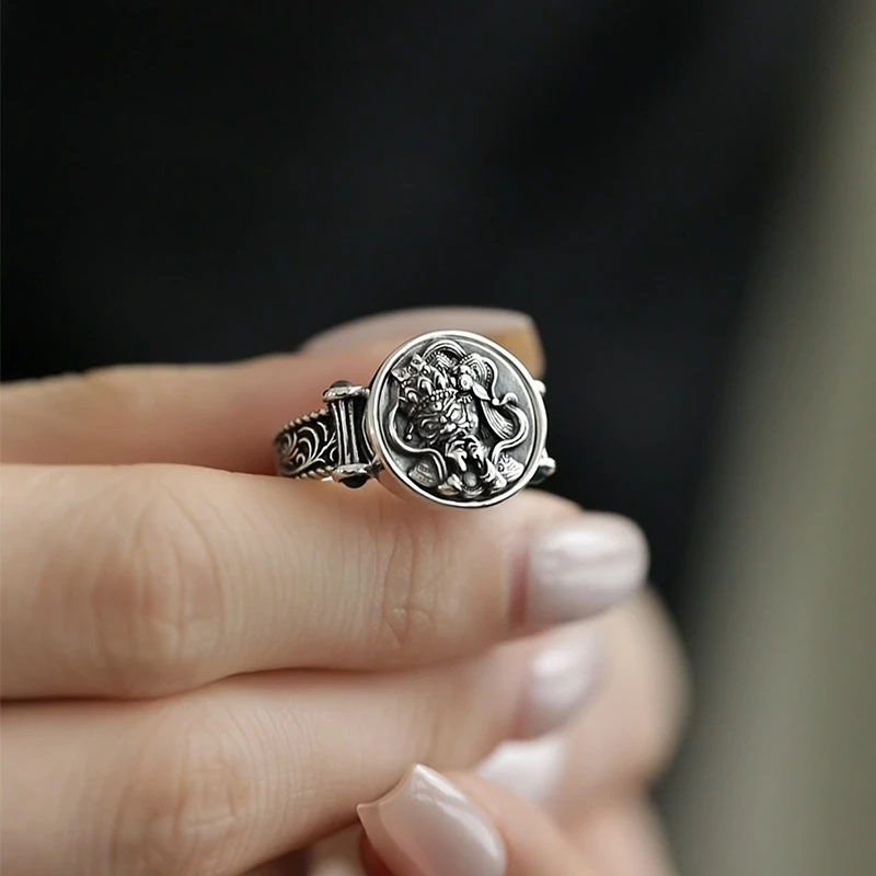 <一禅兄>S925银复古做旧泰银扎基拉姆唐草纹镶嵌绿色玛瑙开口戒指