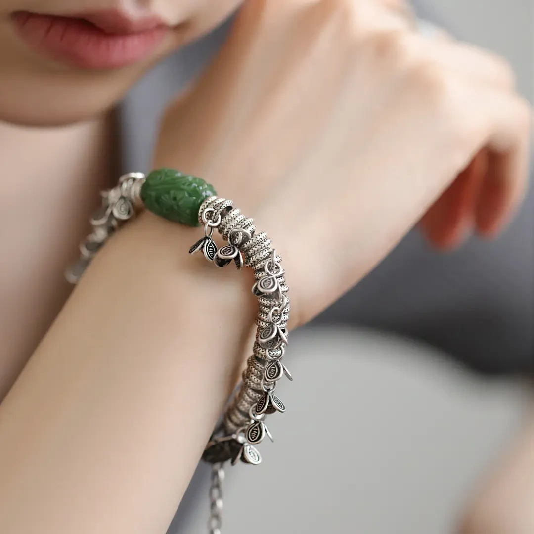S08619《花海》非晚 s925银花苞和田碧玉流苏肌理圈圈盘缠手链手串
