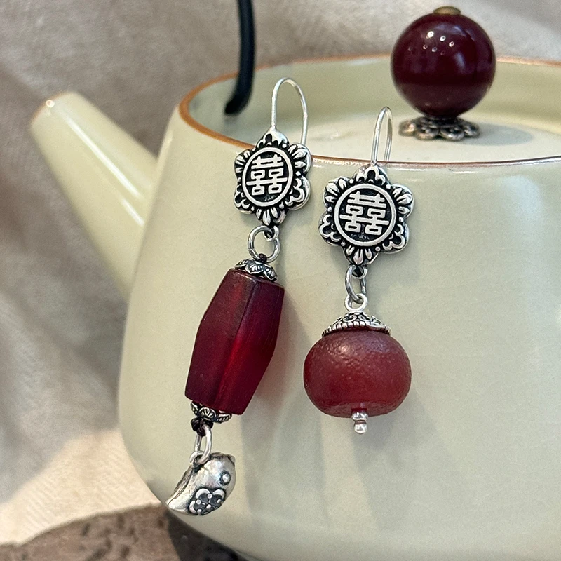 <一禅兄>S925银复古设计小鸟双喜红玛瑙耳钩AB款不对称耳环多样性