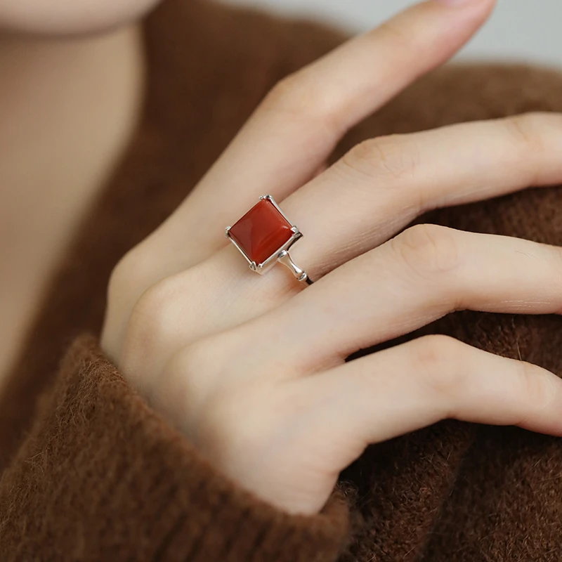 <一禅兄>S925银复古亮银竹节戒圈方形南红玛瑙蛋面戒指活口可调