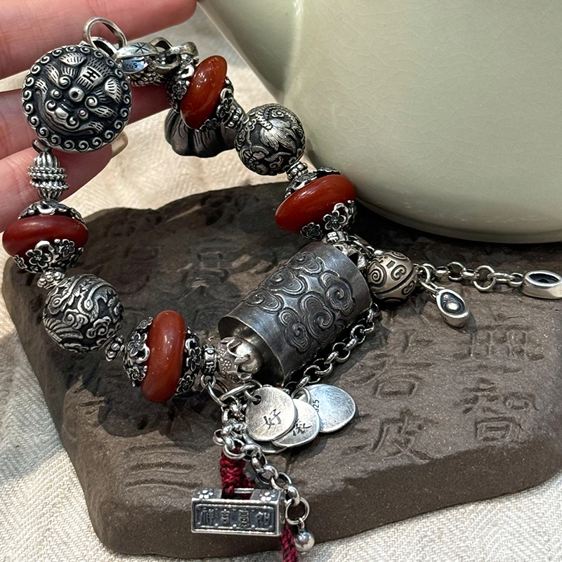 S09444<非晚1>s925银足银蜜蜡祥云凤龙珠好运滚滚如意吉祥手链