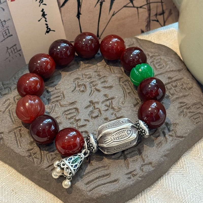 <一禅兄>S925银鱼纹桶珠深红玛瑙石英玉滴釉吊坠弹力手串民族风