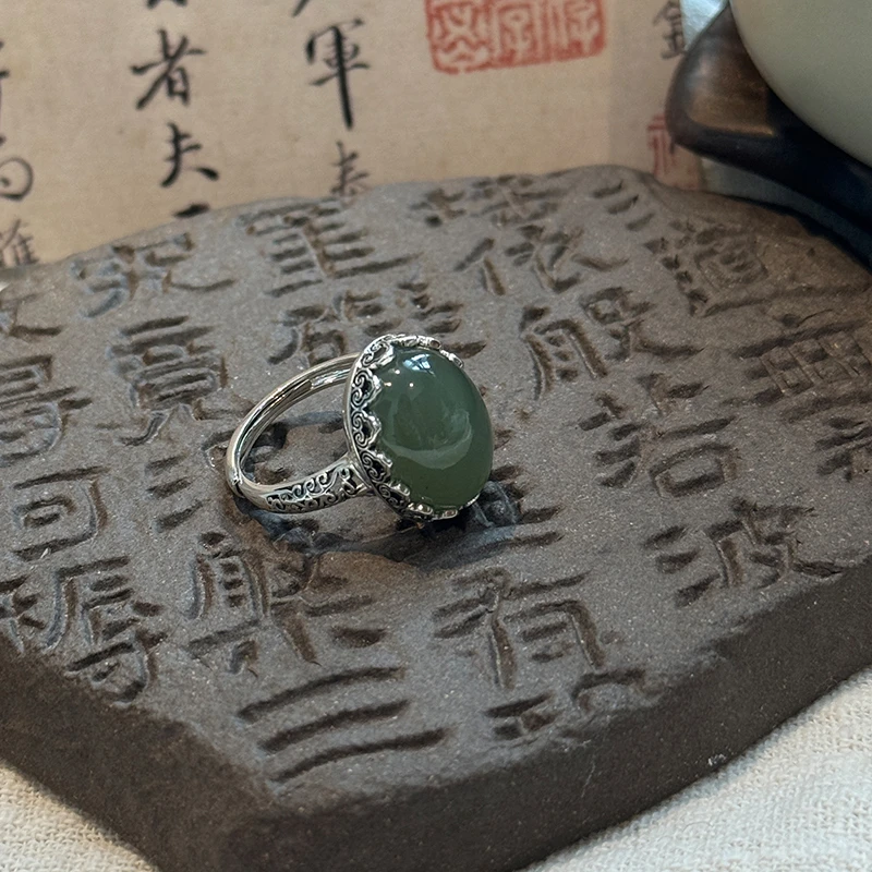 <一禅兄>S925银亮光和田玉蛋面唐草纹爱心如意戒指民族风