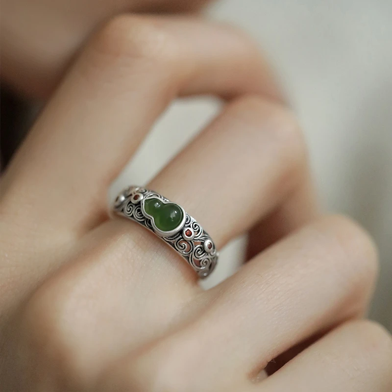 <一禅兄>福禄和田玉祥云葫芦活口个性国风做旧女925银戒指
