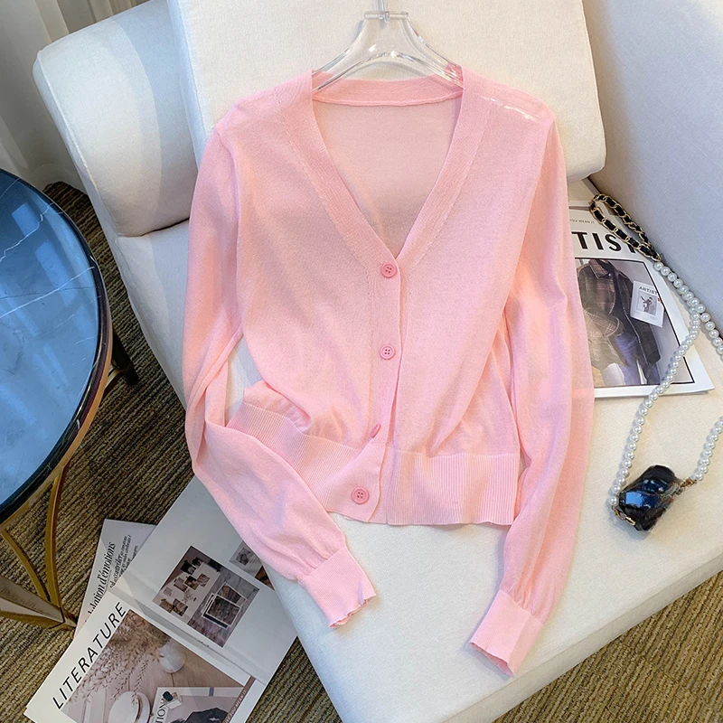 温柔美紫减龄V领针织外穿开衫女士夏季新款薄款冰丝防晒罩衫上衣