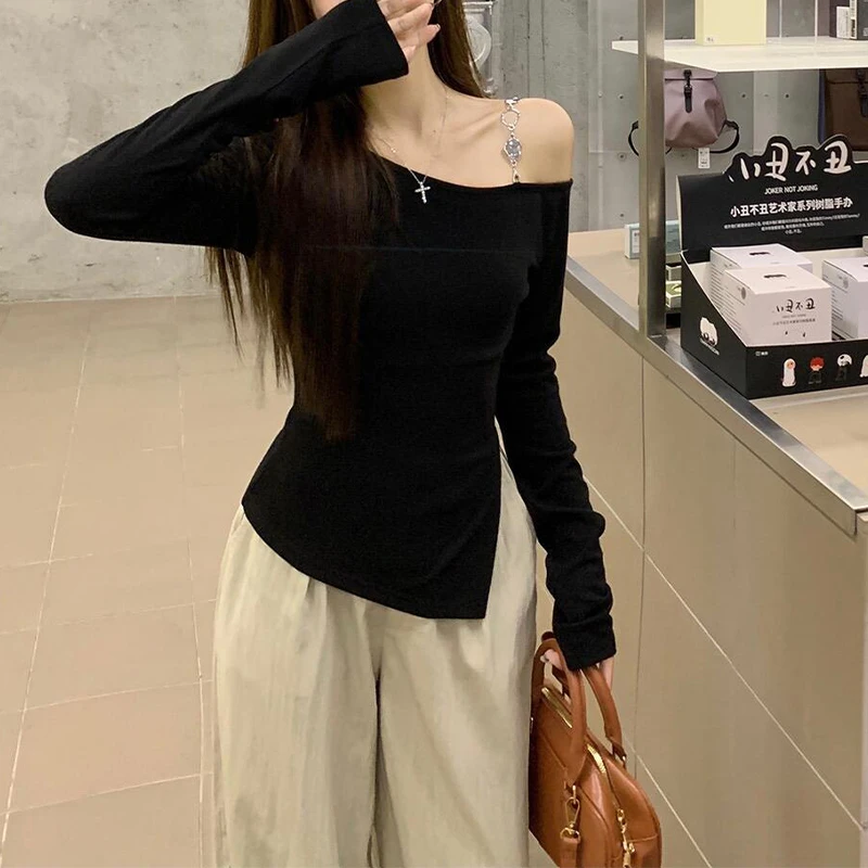 春秋冬斜领露肩小众设计打底衫美式辣妹风修身显瘦黑色长袖t恤女