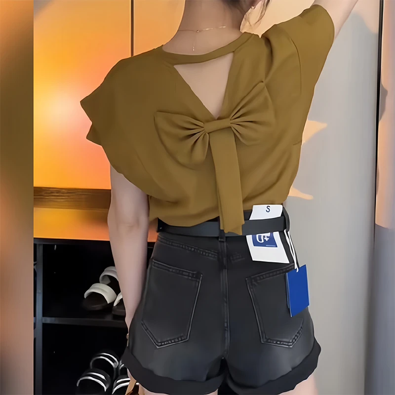 独特别致蝴蝶结短袖T恤女夏季法式性感镂空露背上衣宽松显瘦体恤