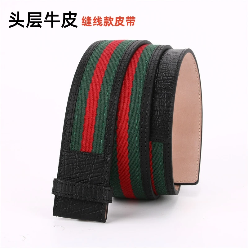 不带扣头经典缝线双G替换真皮腰带牛皮压花酷奇古奇男士皮带条
