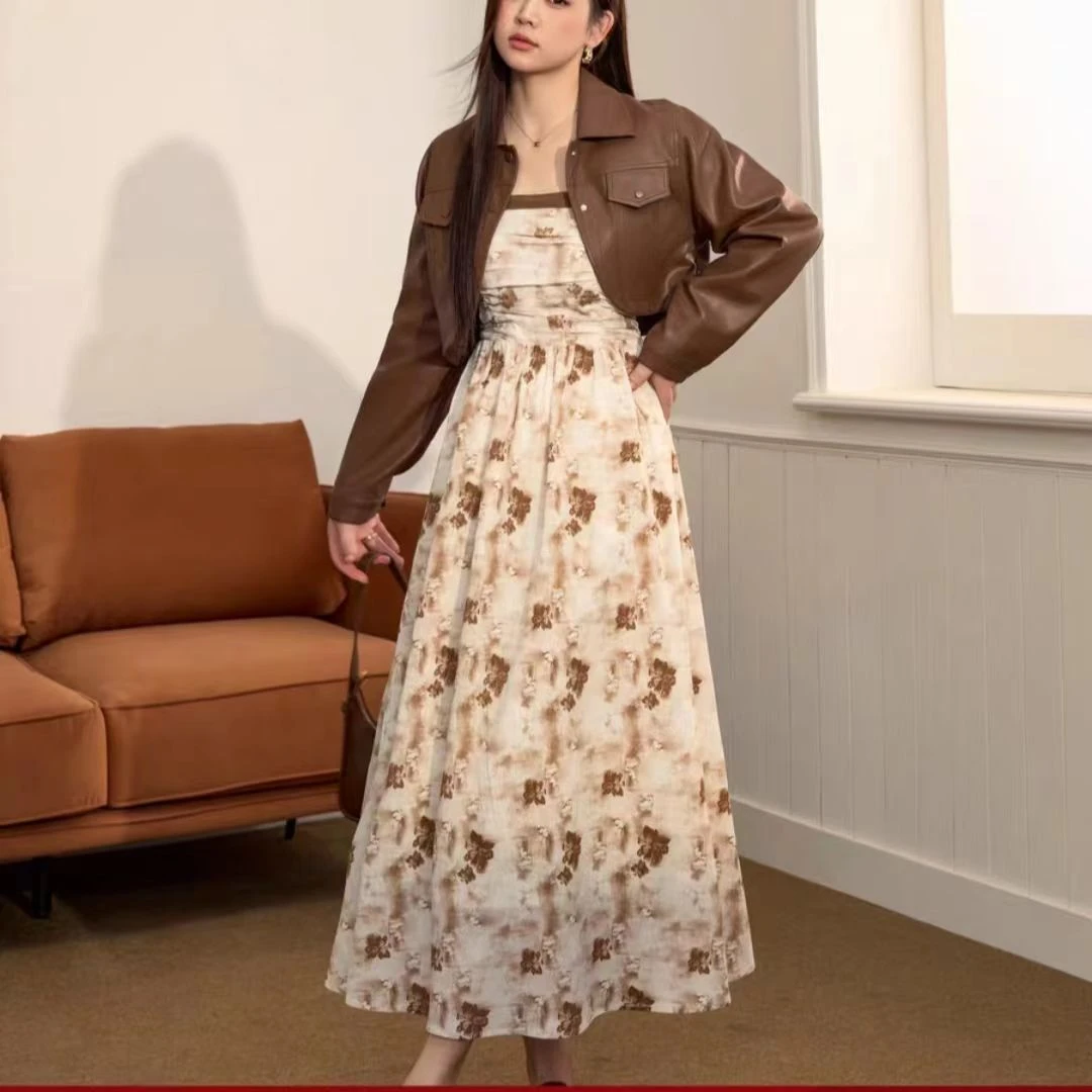 38-88010 早秋穿搭碎花吊带连衣裙外套套装  148