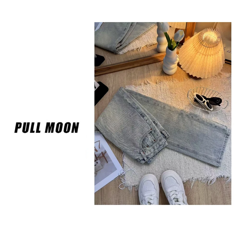 294-41 街复古做旧泥色高腰直筒宽松牛仔裤