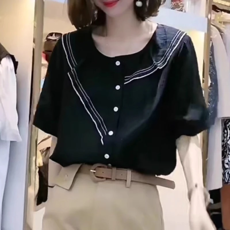 设计感荷叶边雪纺衬衫女薄款夏季大码显瘦上衣别致撞色洋气衬衣潮