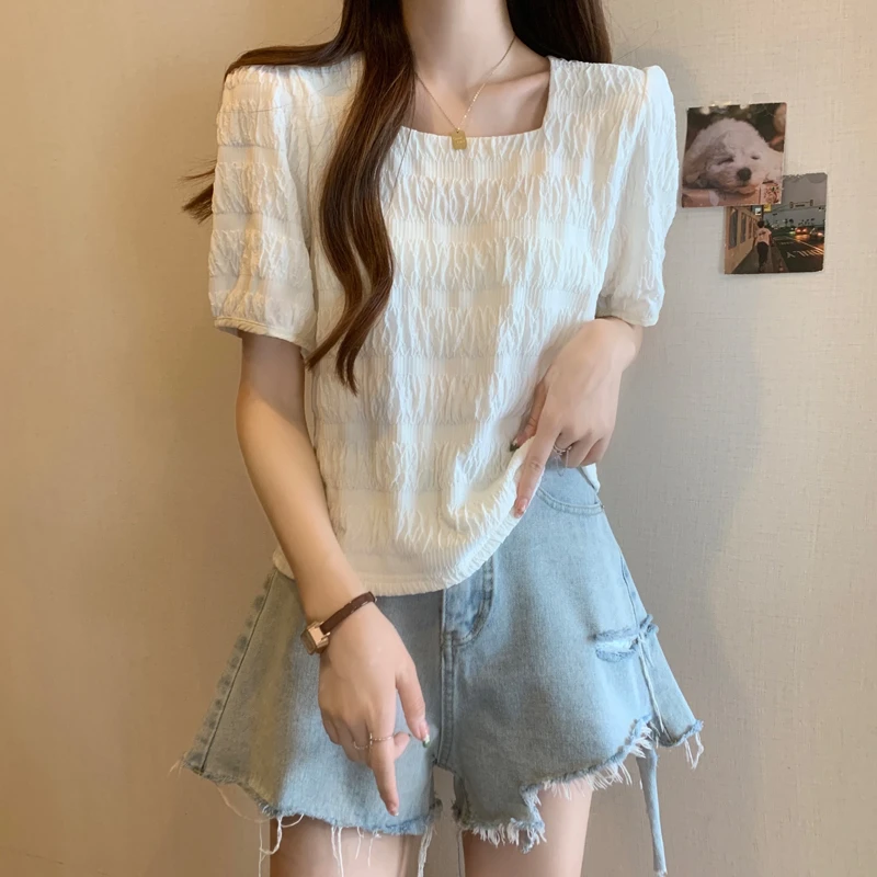 法式复古方领短袖T恤女夏季大码显瘦上衣别致褶皱泡泡袖雪纺衫潮