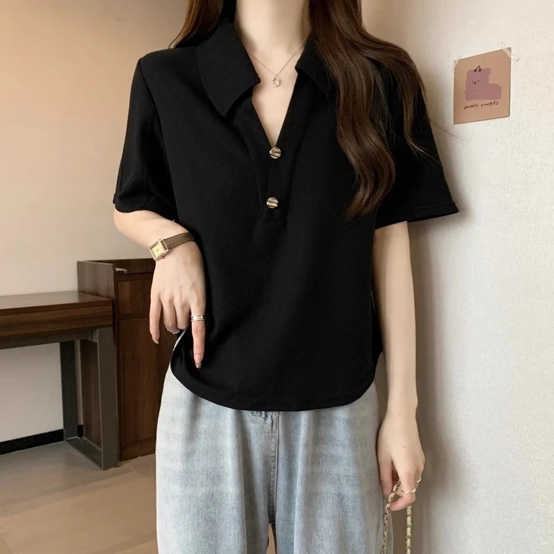 设计感正肩短袖t恤女夏季韩版大码遮肚子显瘦上衣别致休闲V领衬衣