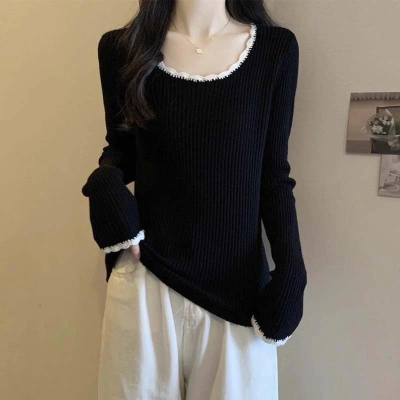 大码女装正肩圆领套头毛衣女春秋季遮肚子显瘦上衣设计撞色针织衫