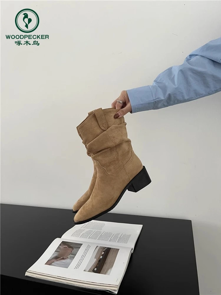 啄木鸟复古方头西部牛仔靴女2025秋粗跟褶皱堆堆靴中跟骑士靴短靴