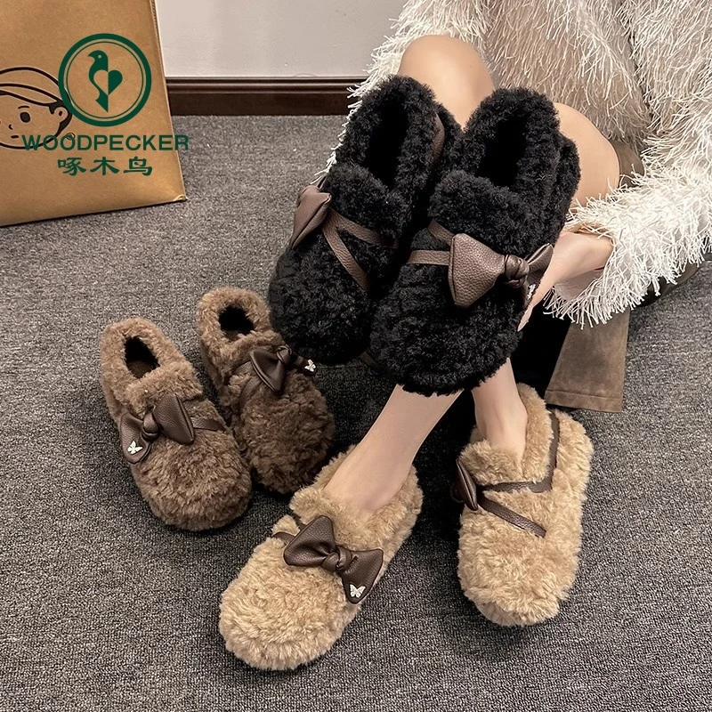 啄木鸟厚底豆豆鞋女毛毛鞋外穿2025秋冬季新款百搭加绒乐福鞋棉鞋