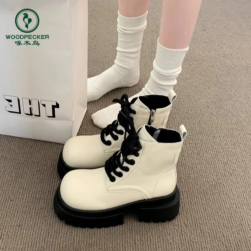 啄木鸟英伦风马丁靴女2024秋新款单靴百搭增高小个子复古大头短靴