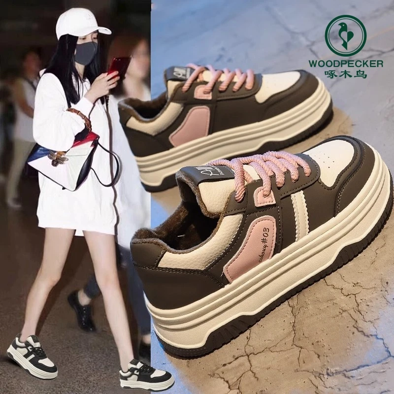 啄木鸟小白鞋女加绒2024秋冬季新款厚底板鞋休闲面包鞋百搭二棉鞋