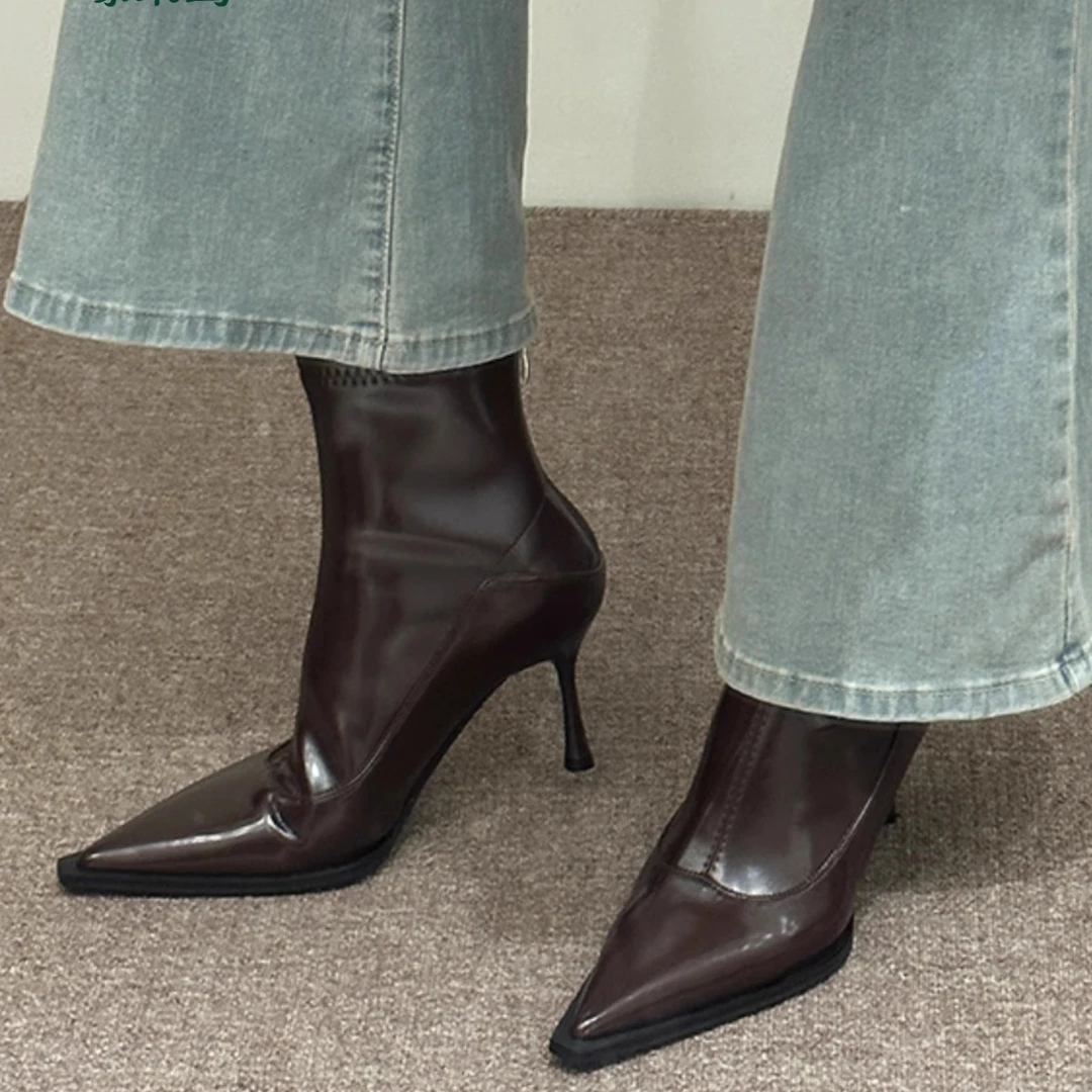 啄木鸟高跟尖头短靴2025春秋新款欧美细跟拼接裸靴瘦瘦靴复古短靴