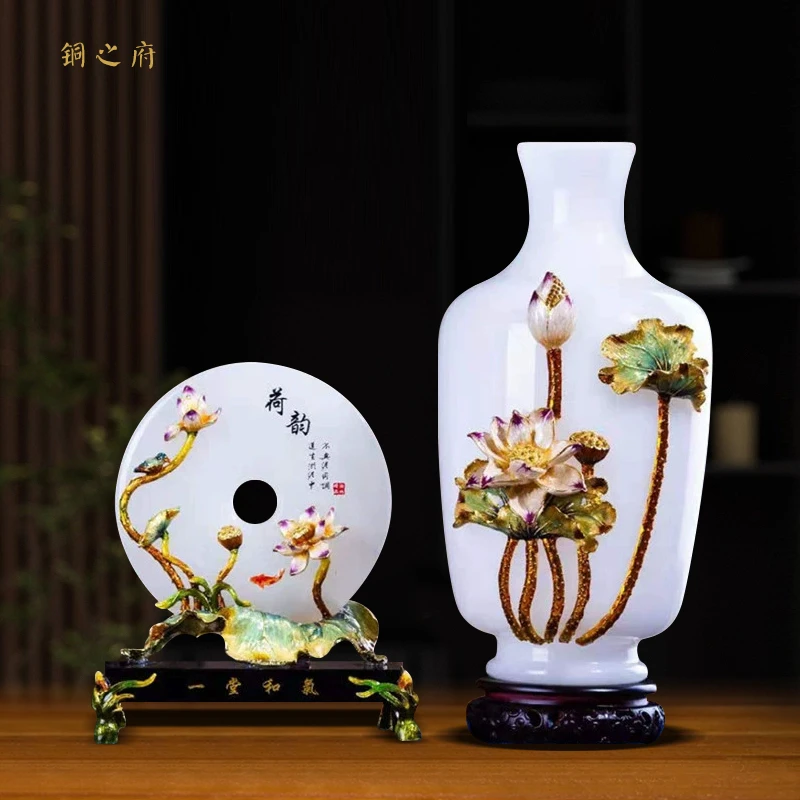 新中式珐琅彩荷韵高档平安扣家居摆件酒柜手工装饰品别墅玄关摆设
