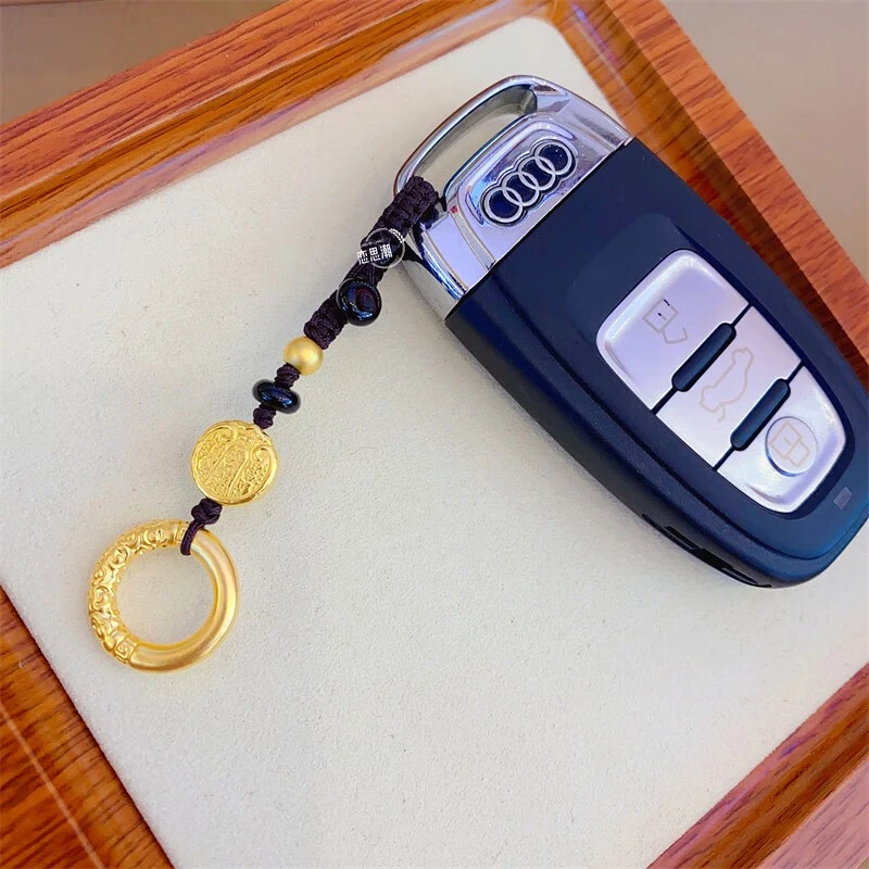 足金999金箍圈挂坠编织黄金錾刻五路财神车钥匙挂件情人节礼物