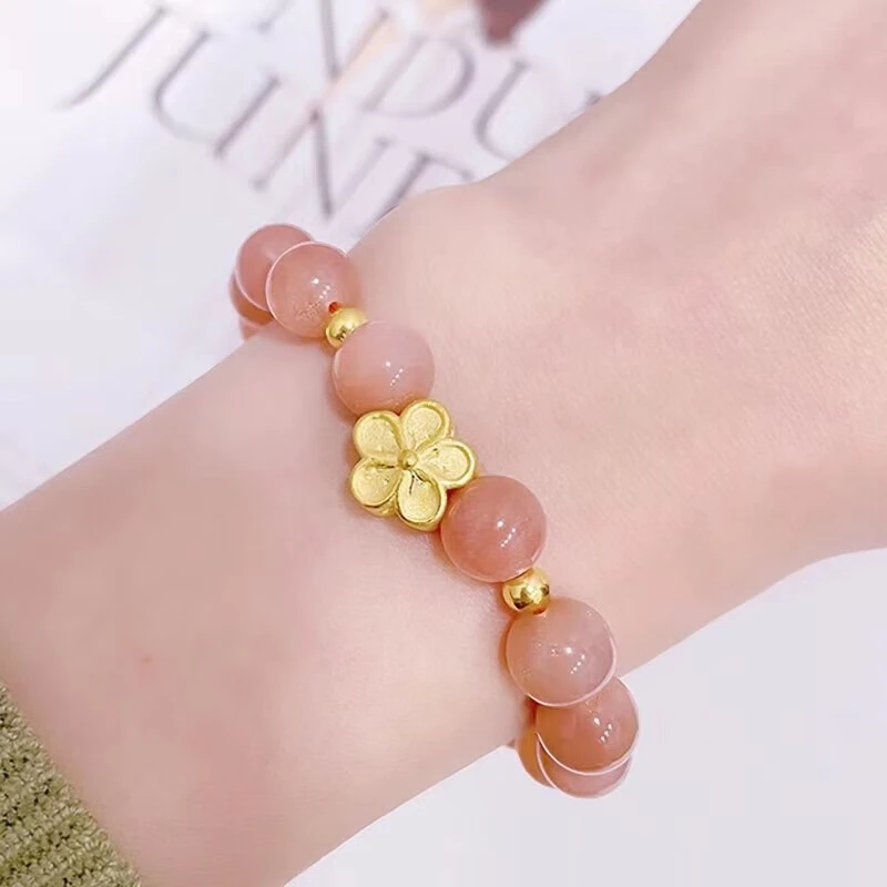 珠宝黄金小桃花手链女999足金樱花转运珠太阳石手串送