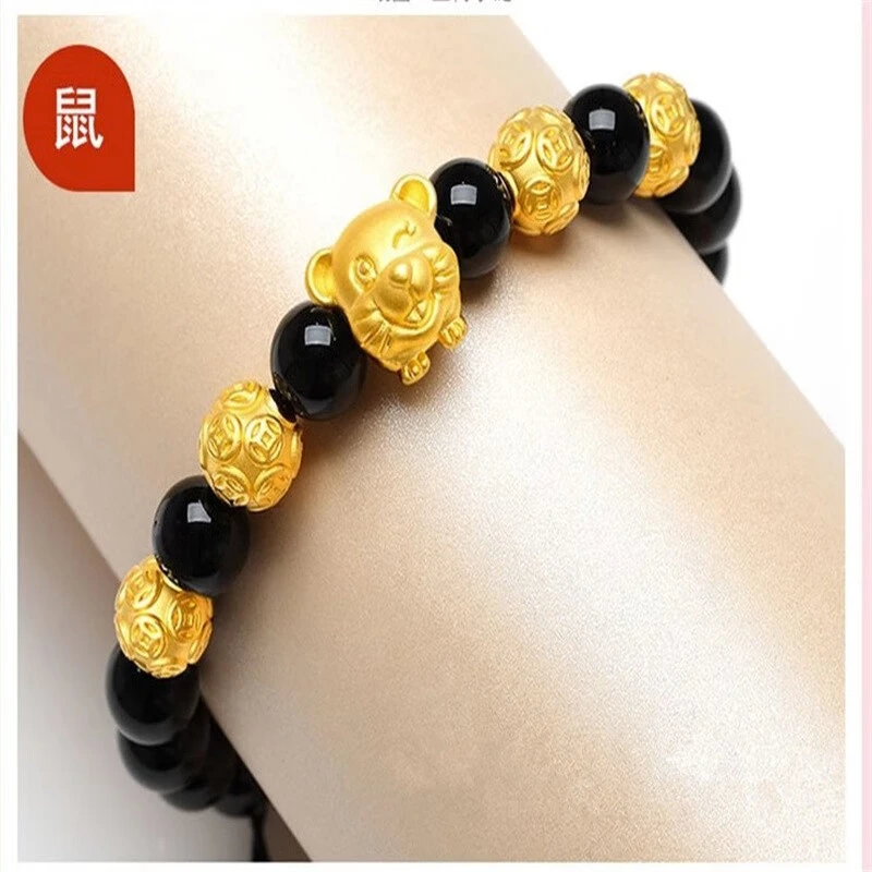 黄金十二生肖手链足金999钱币珠搭配黑玛瑙手串送女友