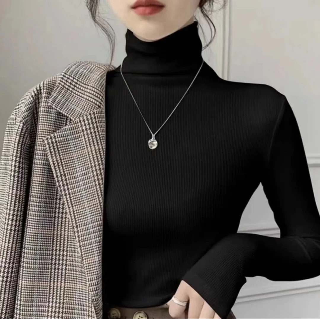 《螺纹棉》秋冬洋气加绒加厚保暖显瘦打底衫修身韩版内搭T恤长袖女