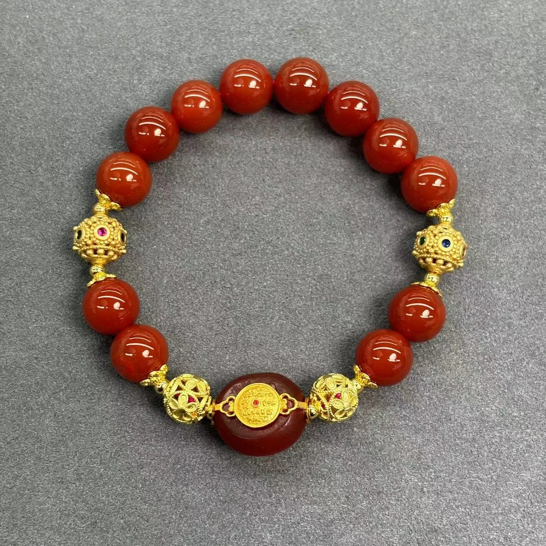 s834-满肉红景玛瑙圆珠-满肉牛血红珠珠玛瑙手串-合金