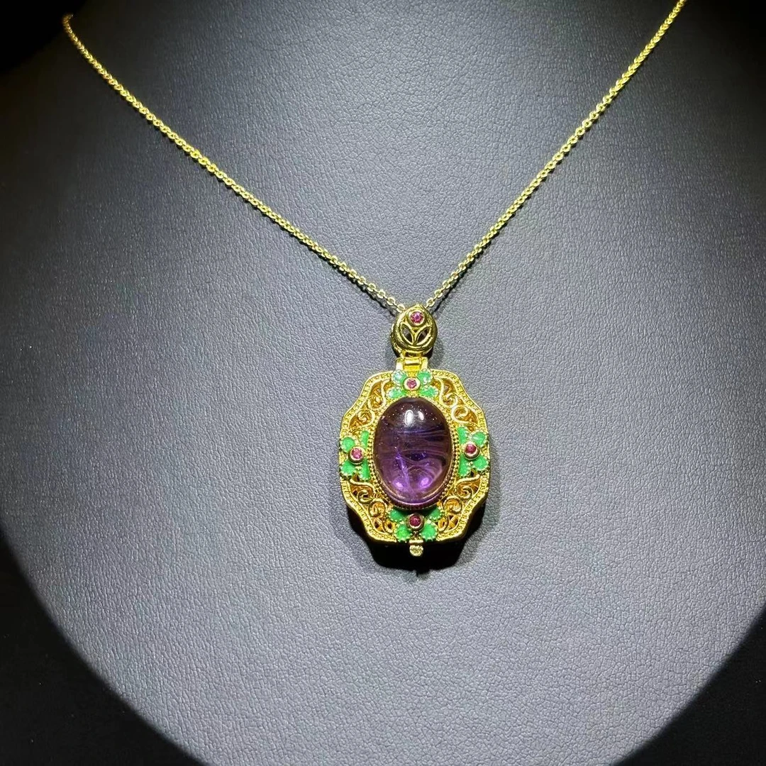 y2190-复古宫廷风紫水晶蛋面吊坠-赠礼盒-赠链-合金