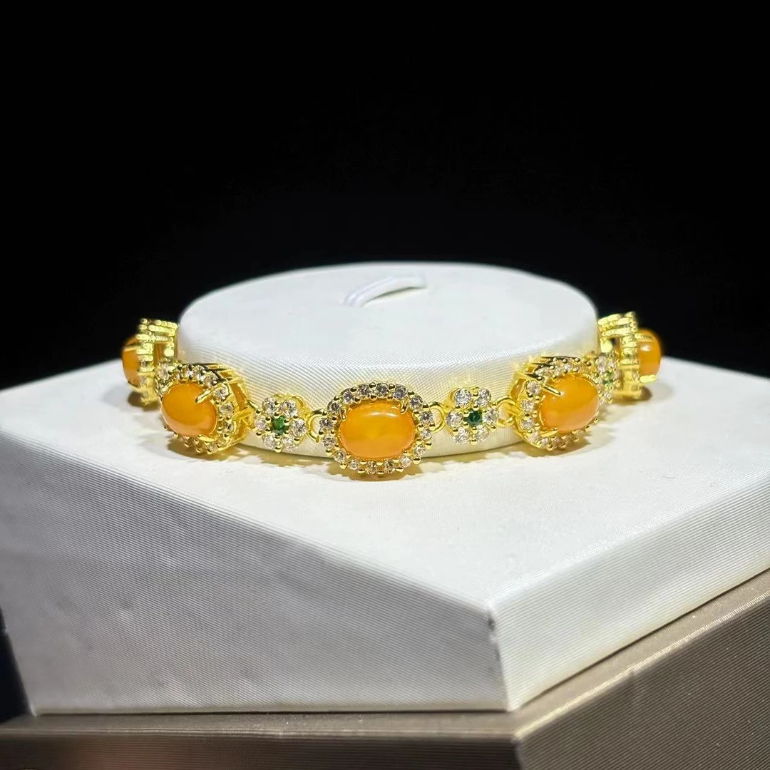 m694-复古国风设计款蜜蜡蛋面手链-合金