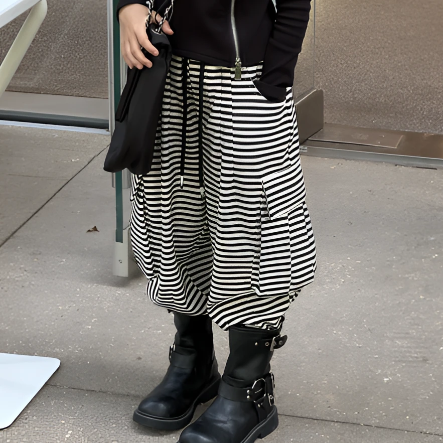 编号"650"春秋季长袖时尚韩版休闲百搭修身9圆领条纹阔腿裤子
